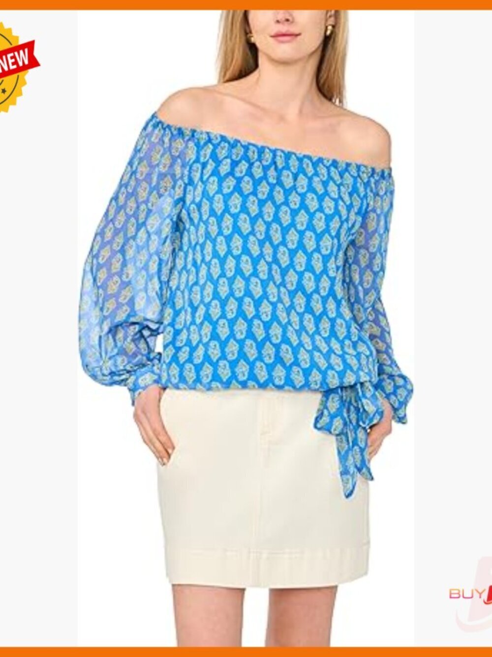 Off-the-Shoulder Long Sleeve Blouse with Tie Detail, Regular Fit